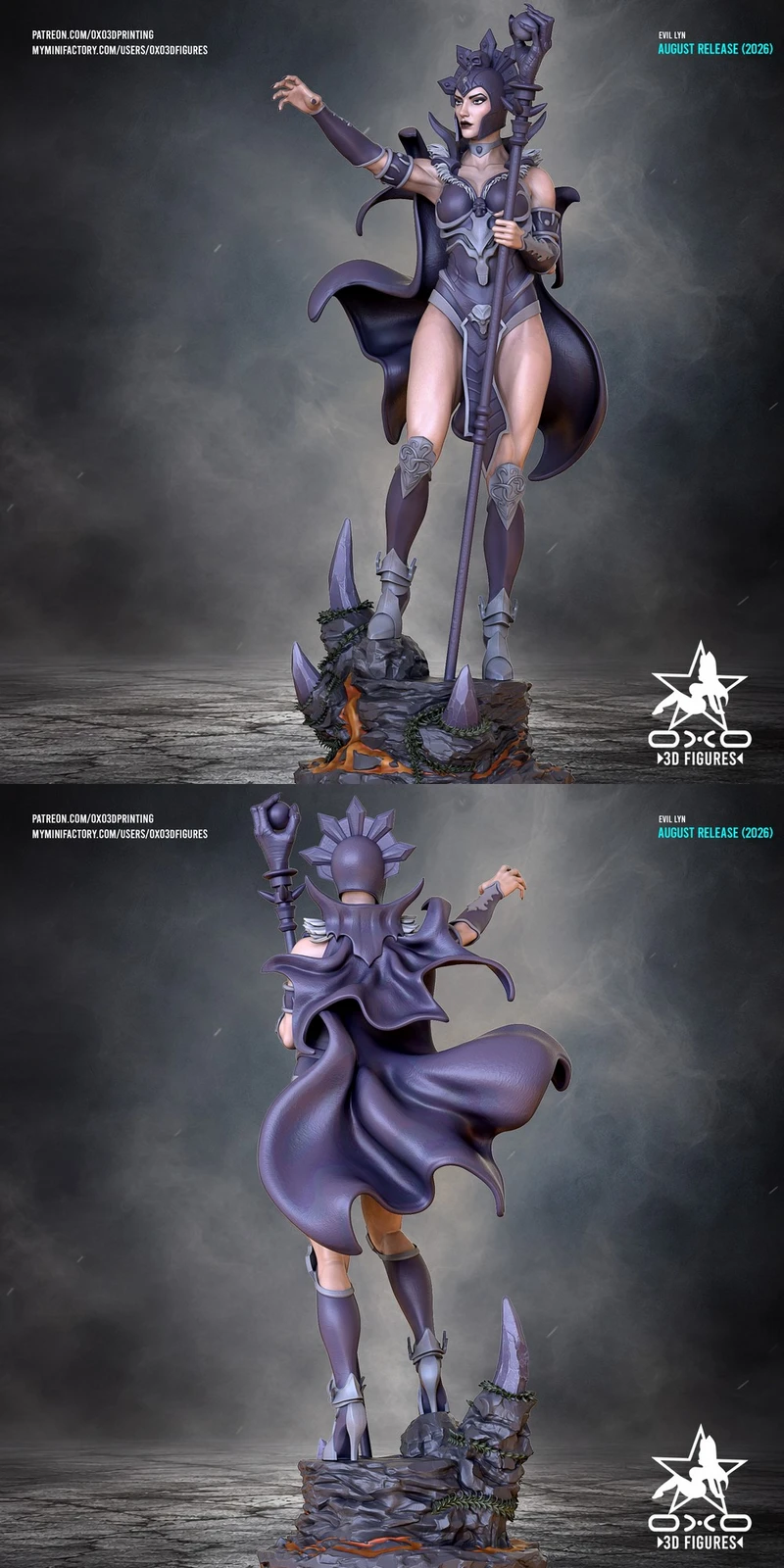 Evil-Lyn statue in purple armor with a staff, cape, and rocky base