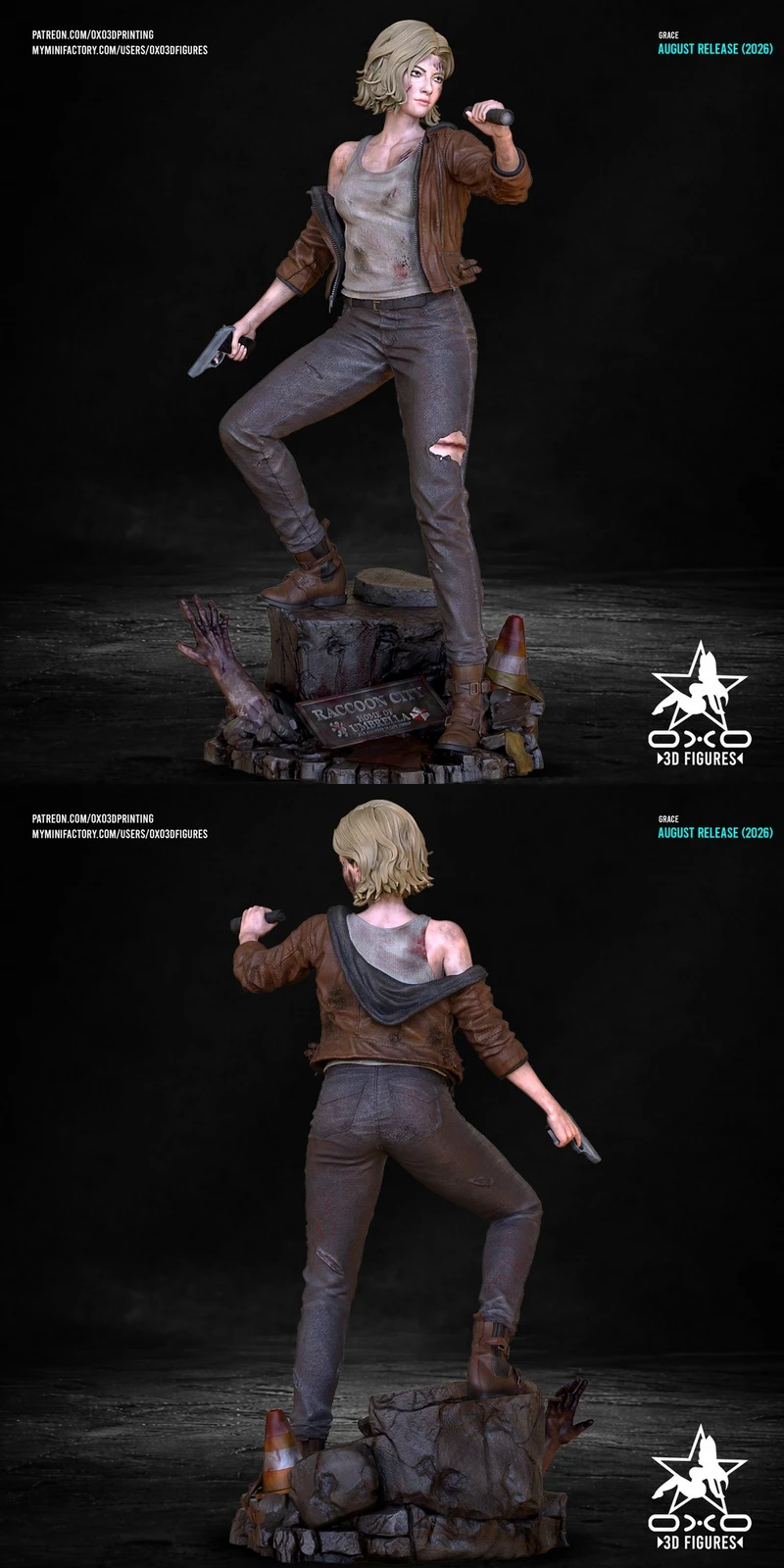 Grace survivor character figure with pistol and flashlight on a rubble display base