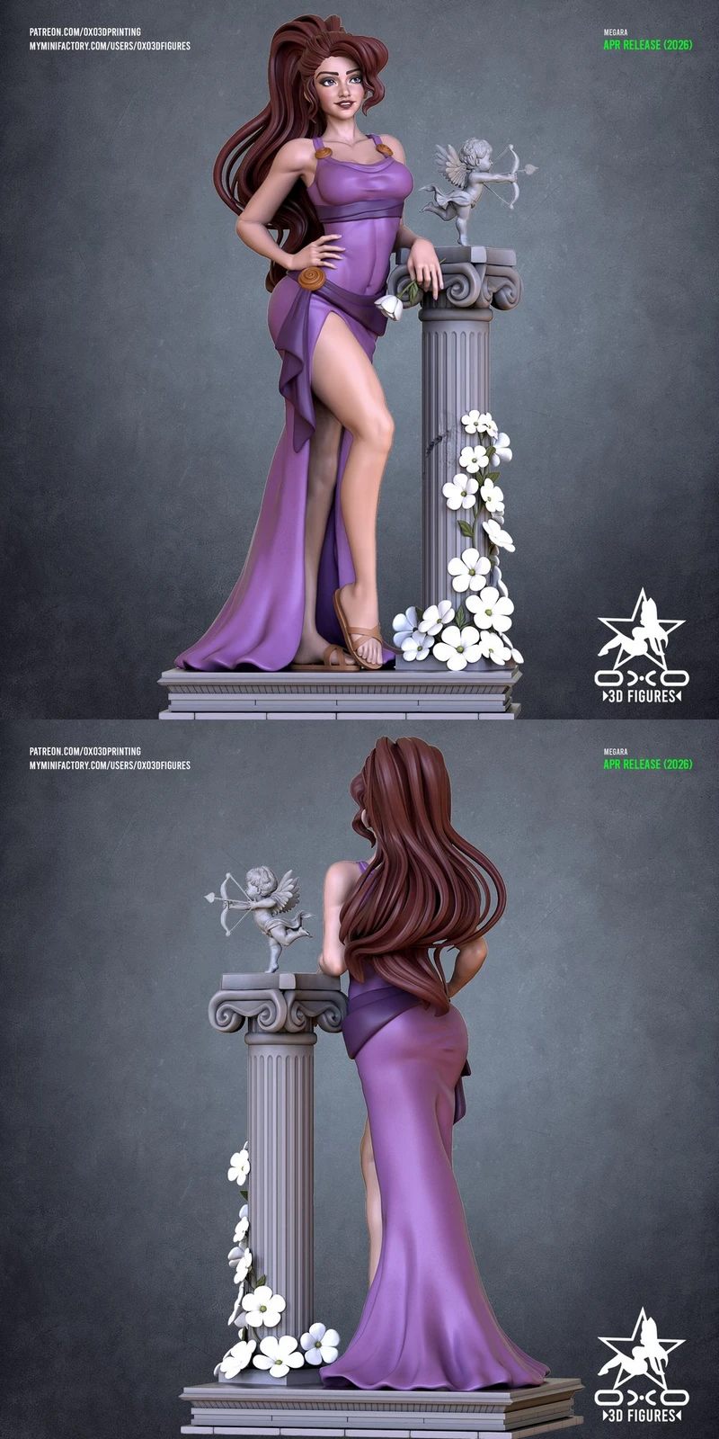 Megara from Hercules in a purple gown beside a floral Greek column