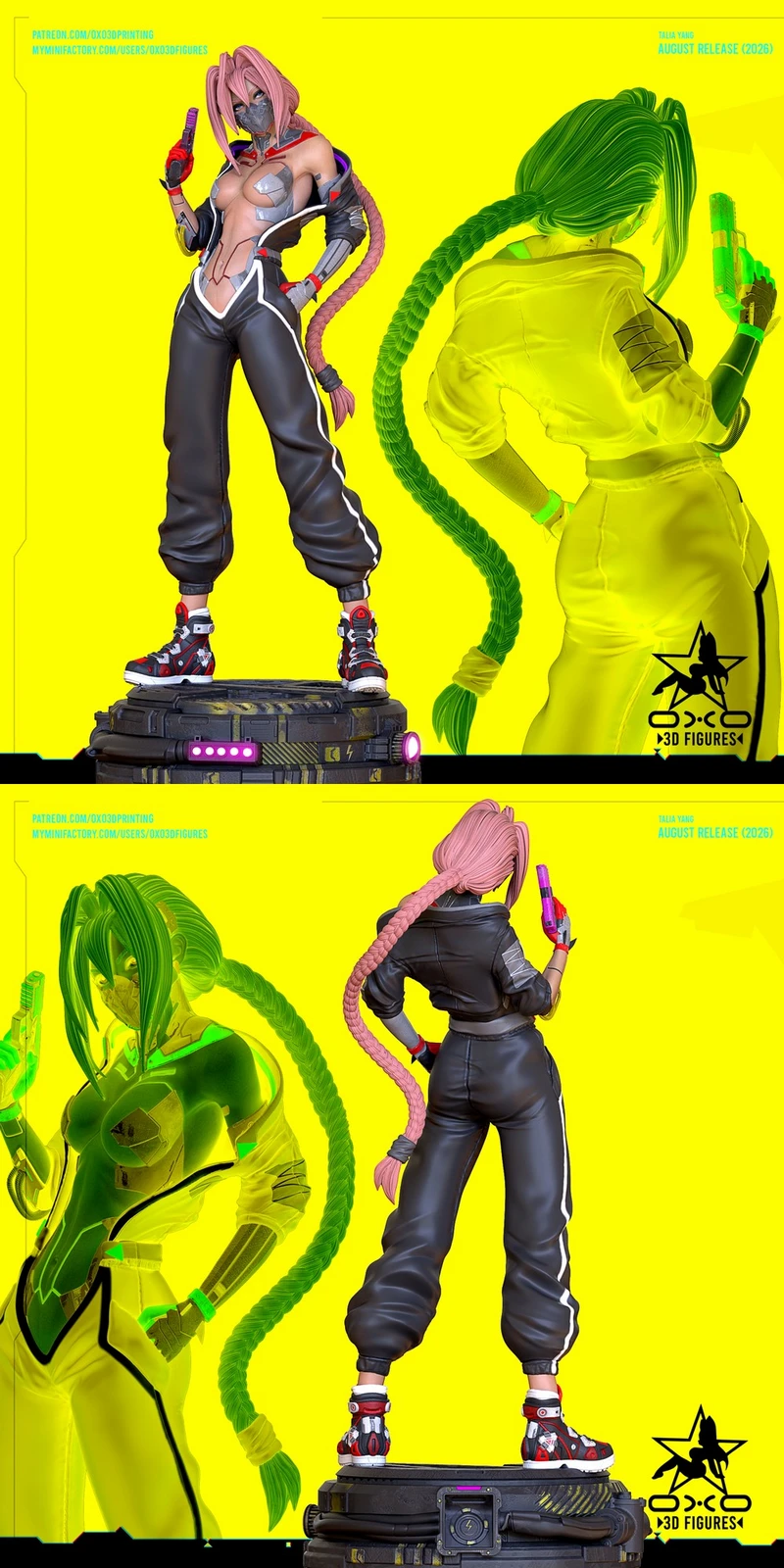 Talia Yang cyberpunk character figure with pink braid and black outfit