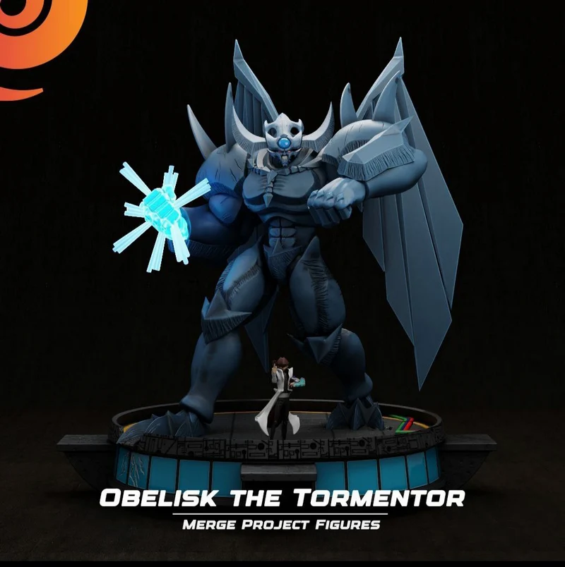 Obelisk the Tormentor blue winged monster figure on a display base