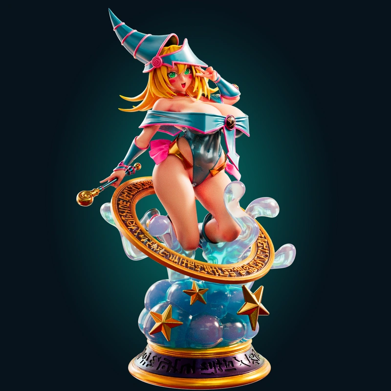 Dark Magician Girl 3D model with pointed hat, staff, cloud base, stars, and magical ring