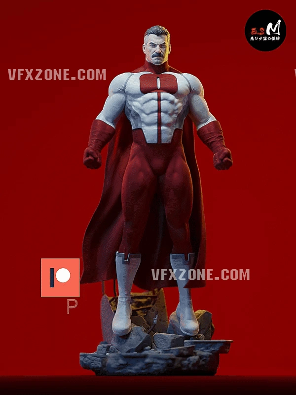 Omni-Man Invincible character figure in a red-and-white suit on a rocky base