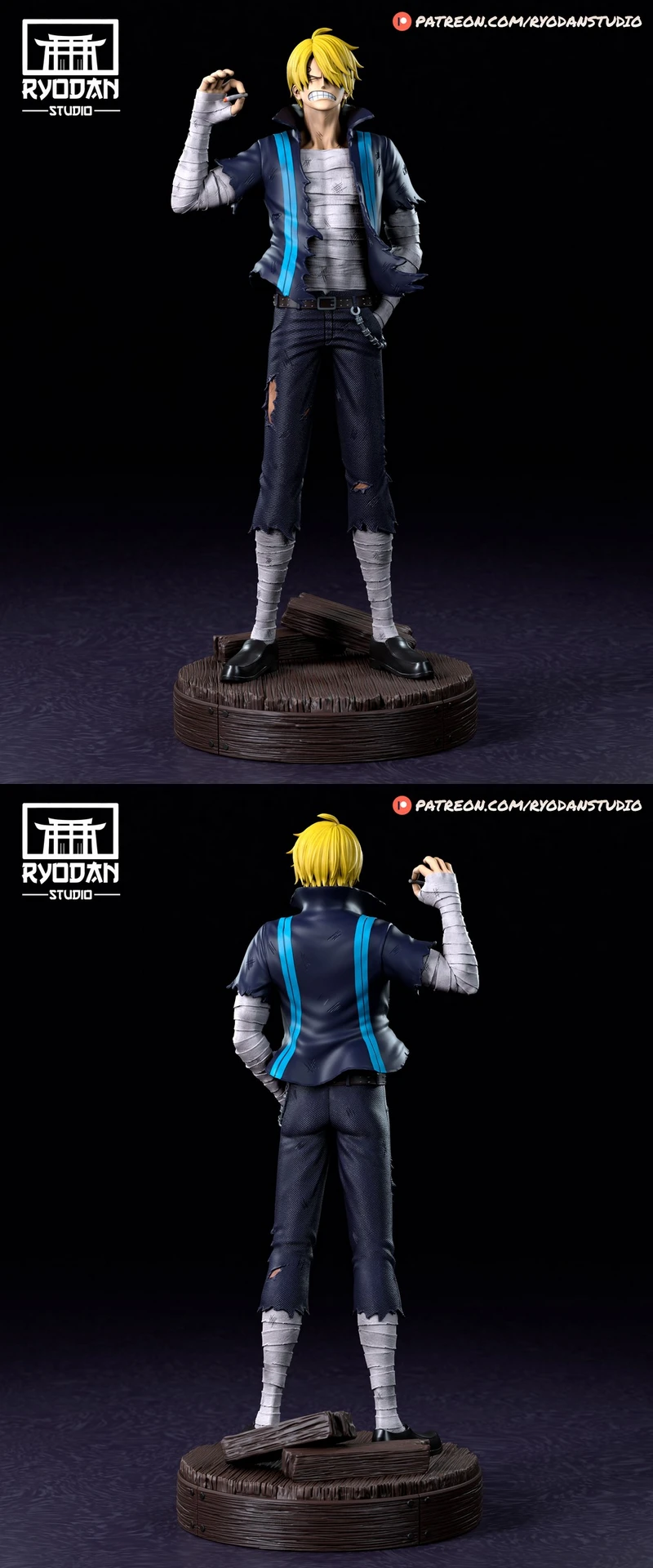 Sanji from One Piece 3D statue with a blue-trimmed jacket on a round base