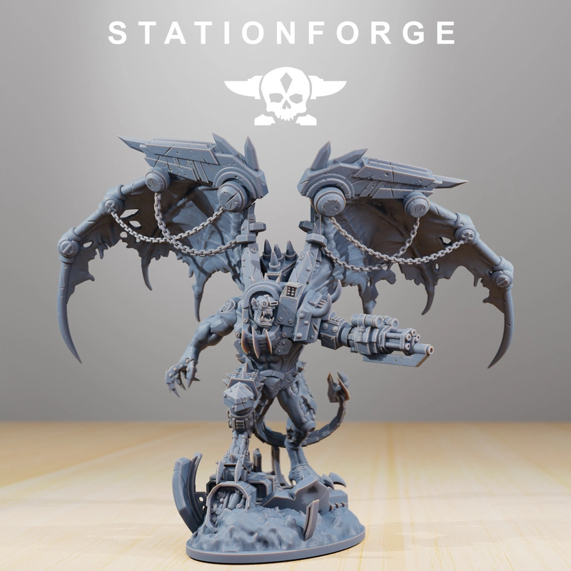 Orkaz Thazaron winged orc-like fantasy miniature with mechanical armor and gun
