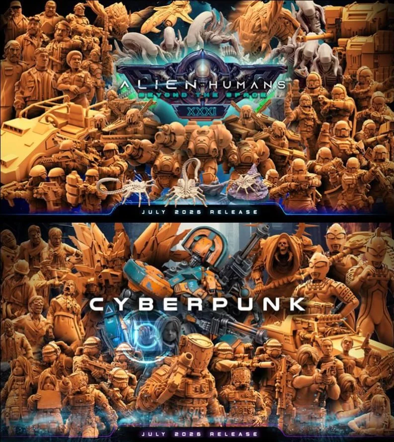 Alienhuman sci-fi miniature collection with armored figures, aliens, weapons, and cyberpunk designs