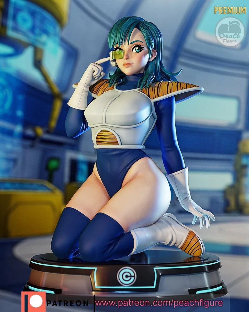 Bulma Dragon Ball statue in Saiyan armor with a green scouter