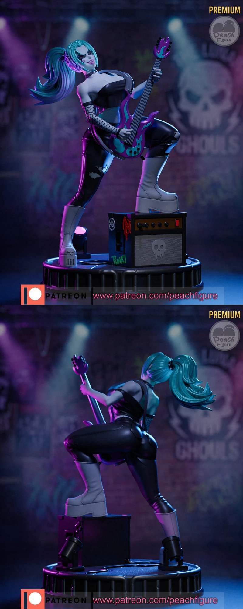 Ember McLain from Danny Phantom holding a flame-decorated electric guitar beside an amplifier
