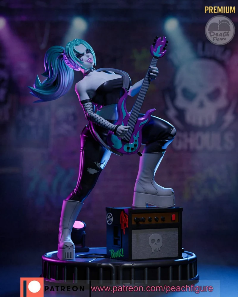 Ember McLain 3D figure with turquoise hair and a flaming guitar