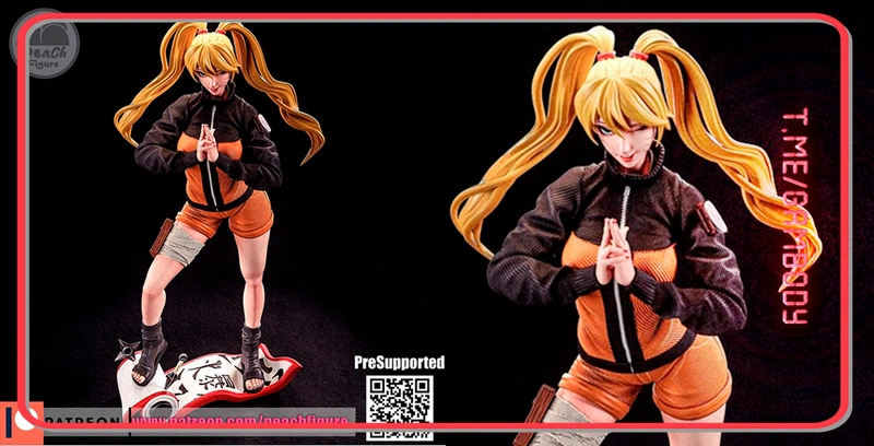 Naruko Naruto anime figure with blonde twin ponytails and a hand-seal pose