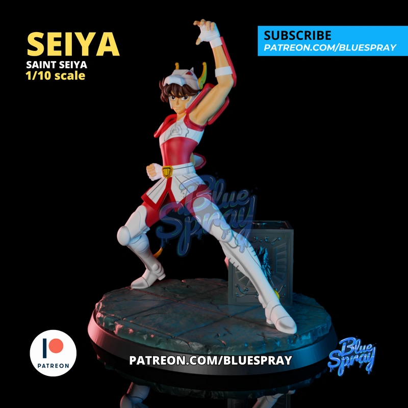 Pegasus Seiya in red and white armor raising a fist on a circular display base