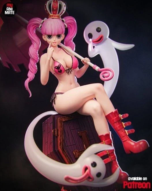 Perona from One Piece seated with pink hair, red boots, a staff, and white ghosts