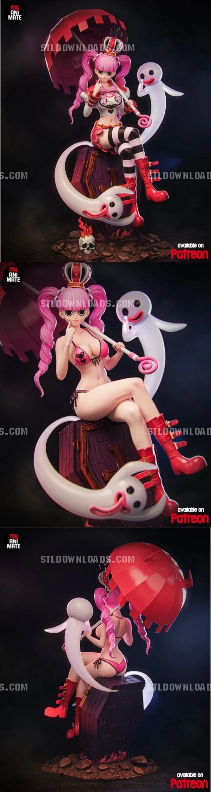 Perona from One Piece with a smiling ghost, red parasol and display base