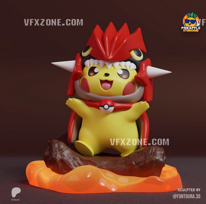 Pikachu in Groudon-inspired cosplay standing on an orange lava-like base