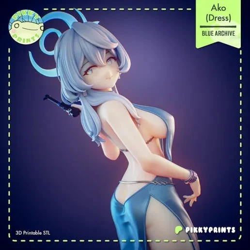 Ako Amau from Blue Archive in a blue dress outfit, shown as a 3D printable character figure