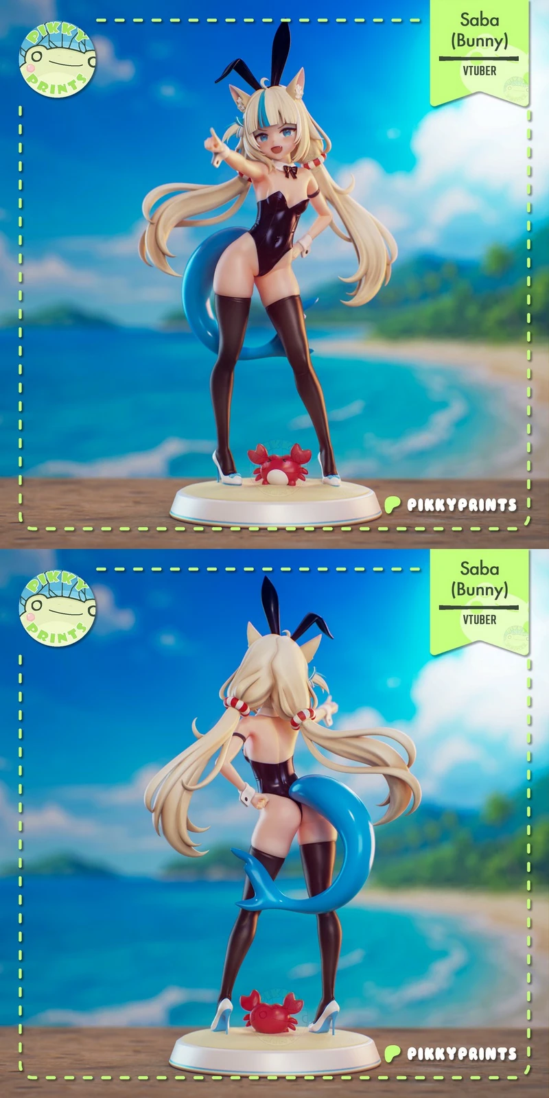 Saba Bunny original character figurine with bunny ears, blue tail, and display base