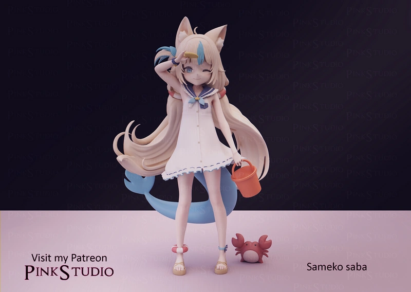 Sameko Saba Hololive character figure with cat ears, white dress, bucket, blue tail, and crab companion