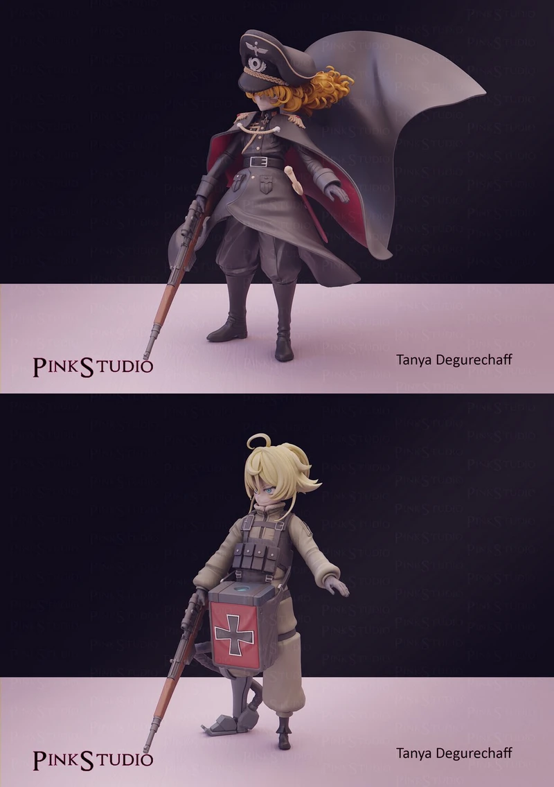 Tanya von Degurechaff 3D model in military uniform with cape and rifle