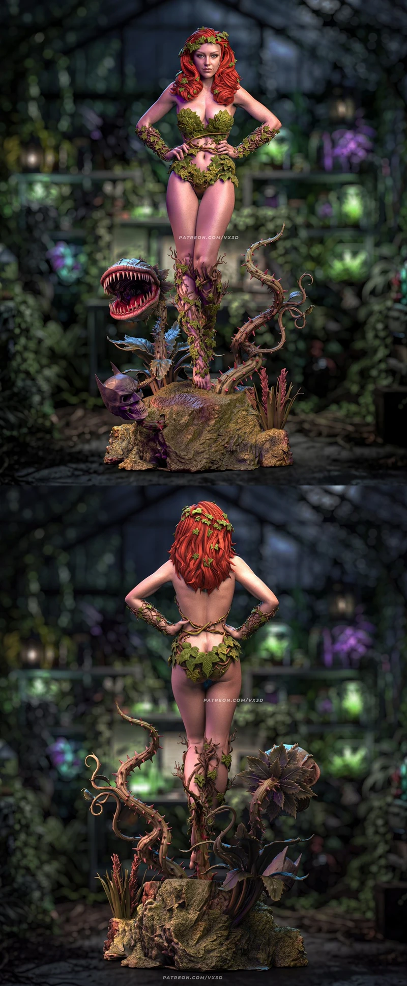 Poison Ivy statue with leafy costume, vines, carnivorous plant, and rocky base