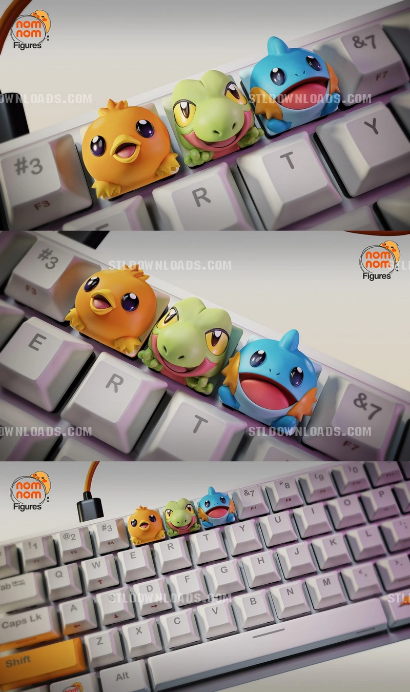 Torchic, Treecko, and Mudkip Hoenn starter Pokémon figures on a keyboard