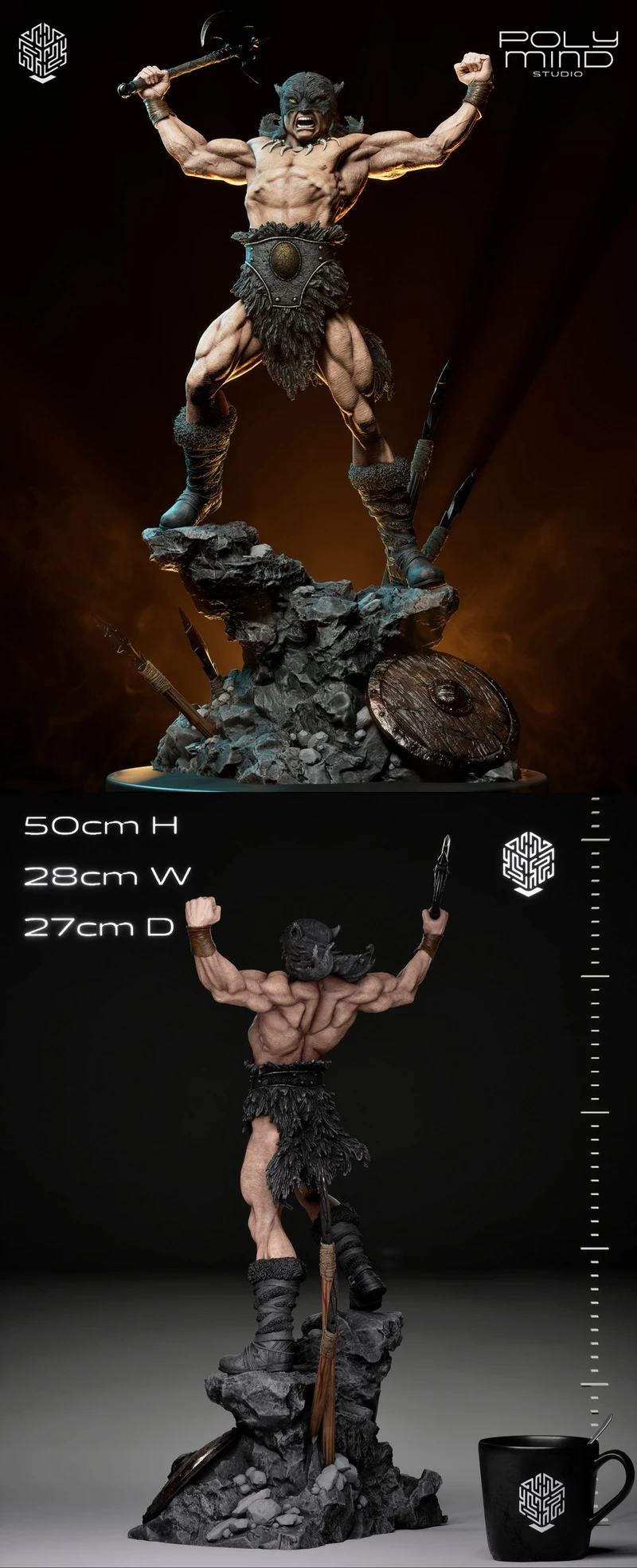Dark Wolf original character statue, a muscular wolf warrior raising weapons on a rocky base