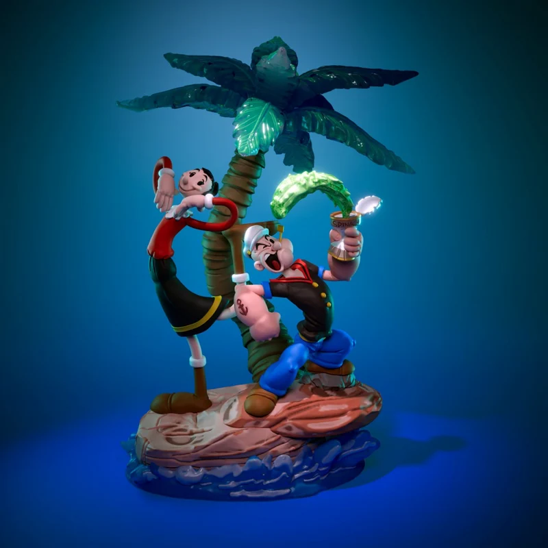 Popeye and Olive Oyl cartoon diorama with a palm tree and ocean base