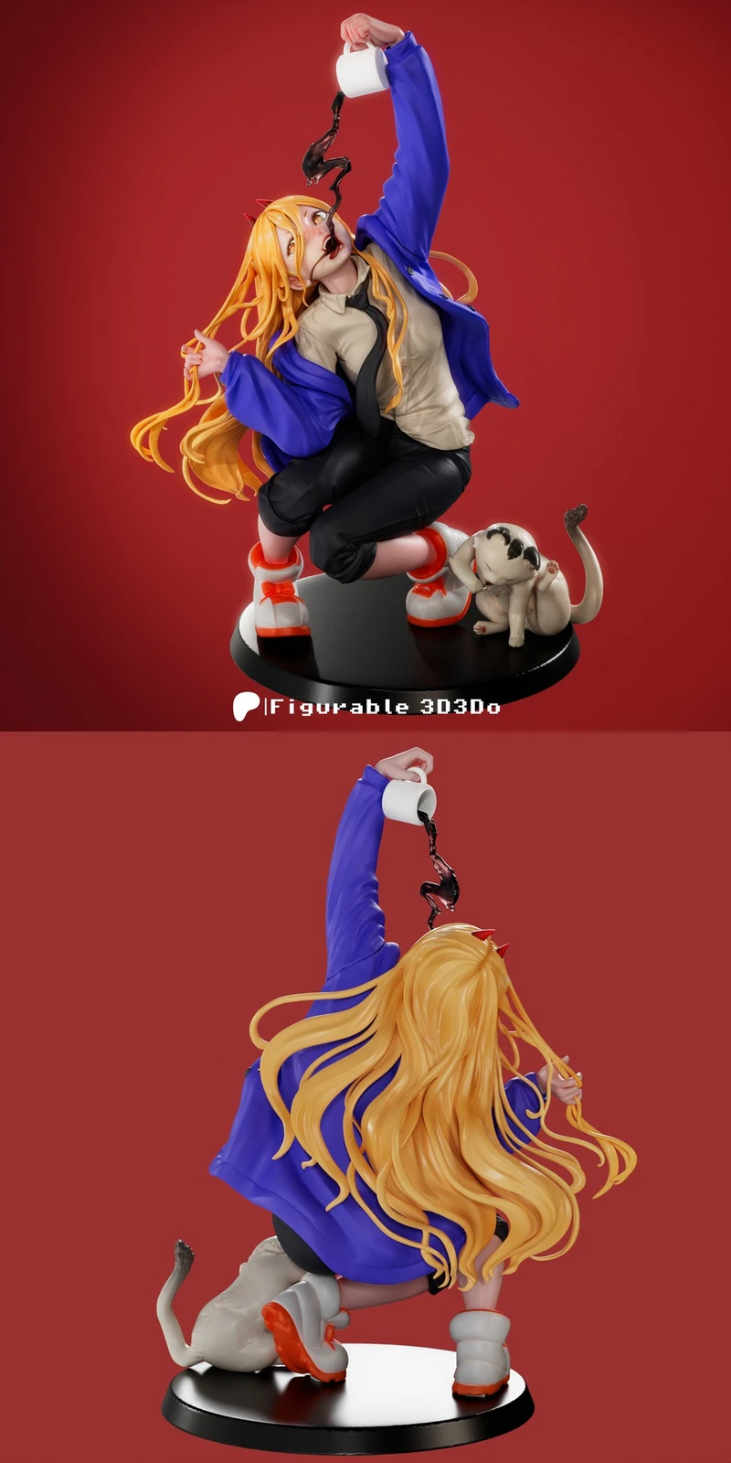 Power from Chainsaw Man figurine with a cat, cup, horns, and long orange hair