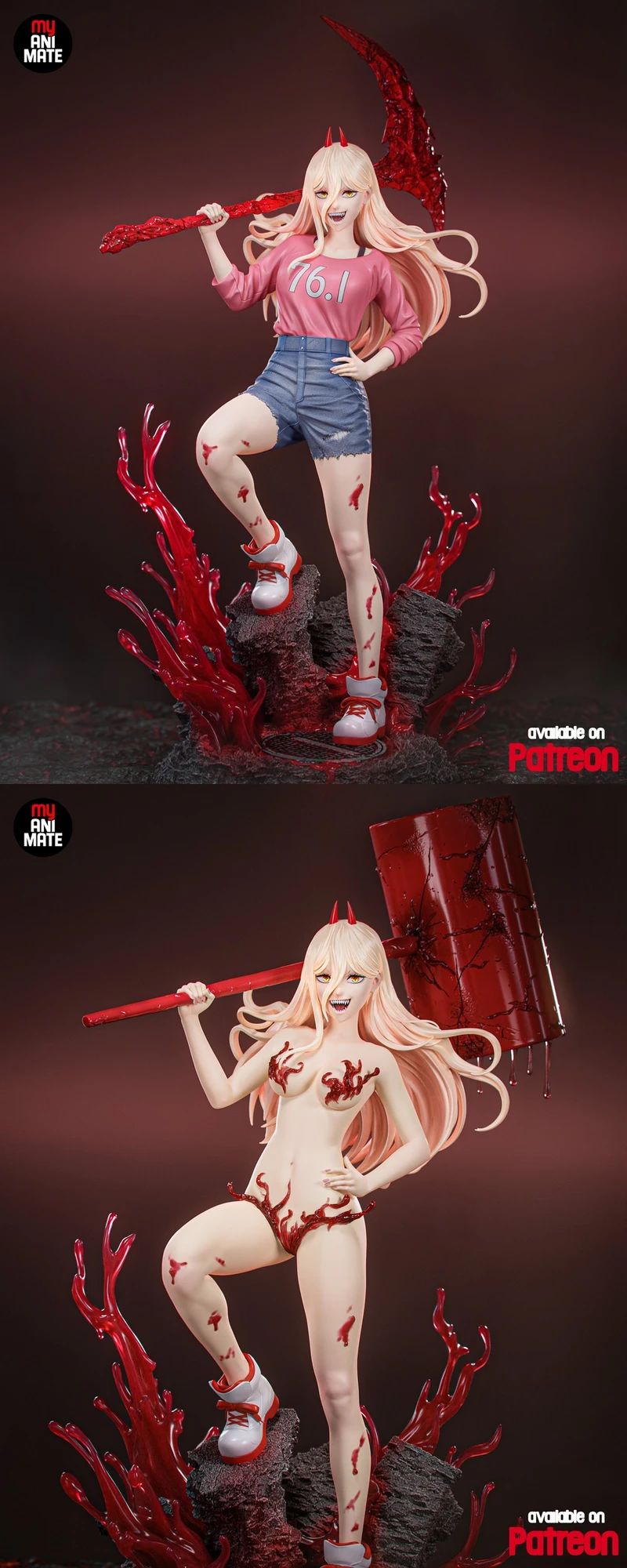 Power from Chainsaw Man holding a red weapon on a rocky display base