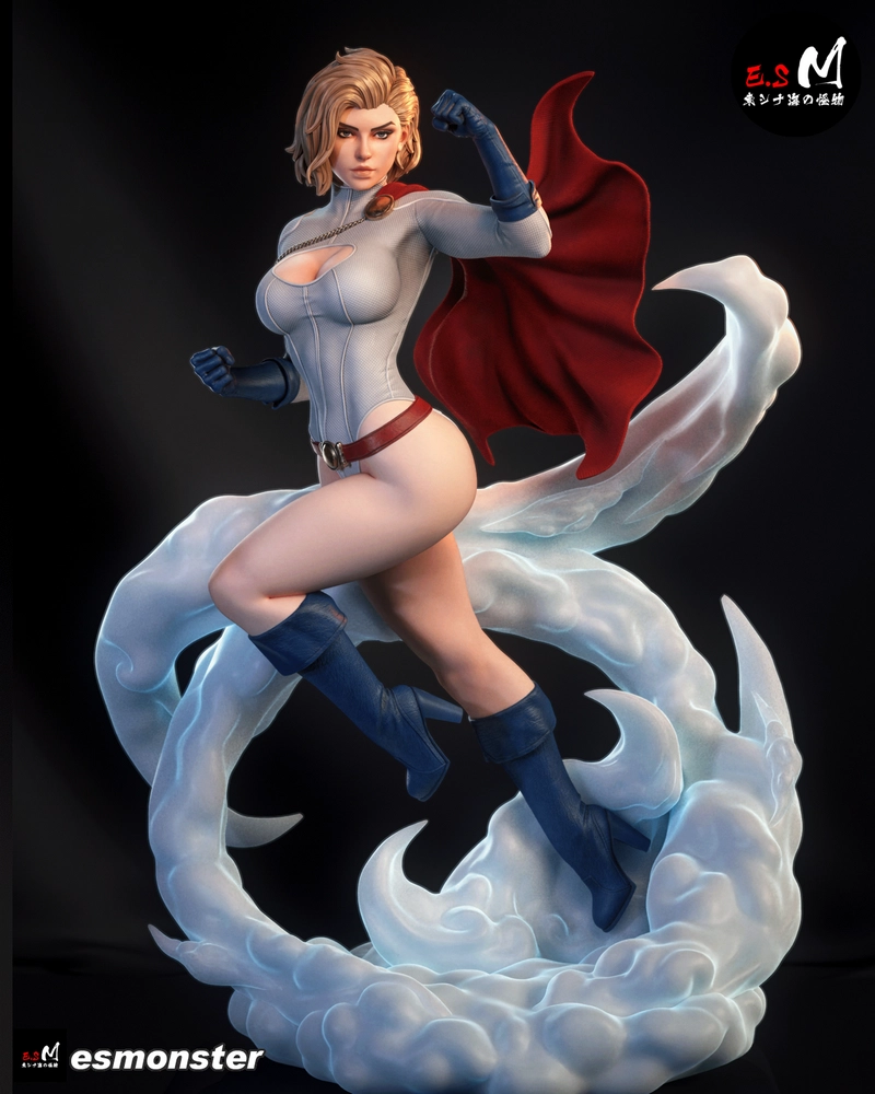 Power Girl in a white suit and red cape posed above a sculpted cloud base