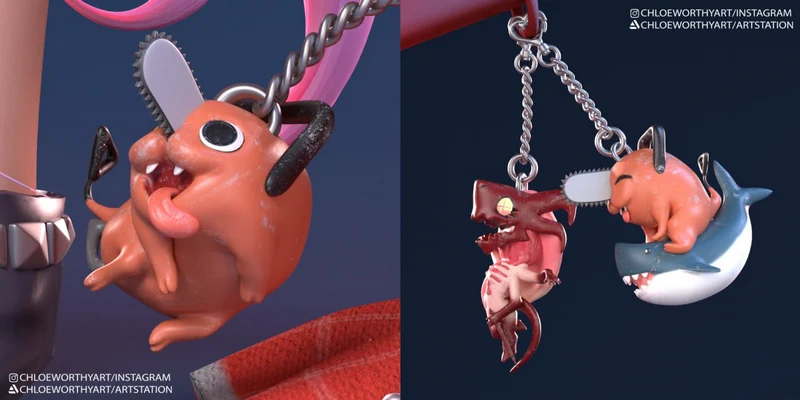 Stylized Power and Pochita Chainsaw Man keychains hanging from metal chains