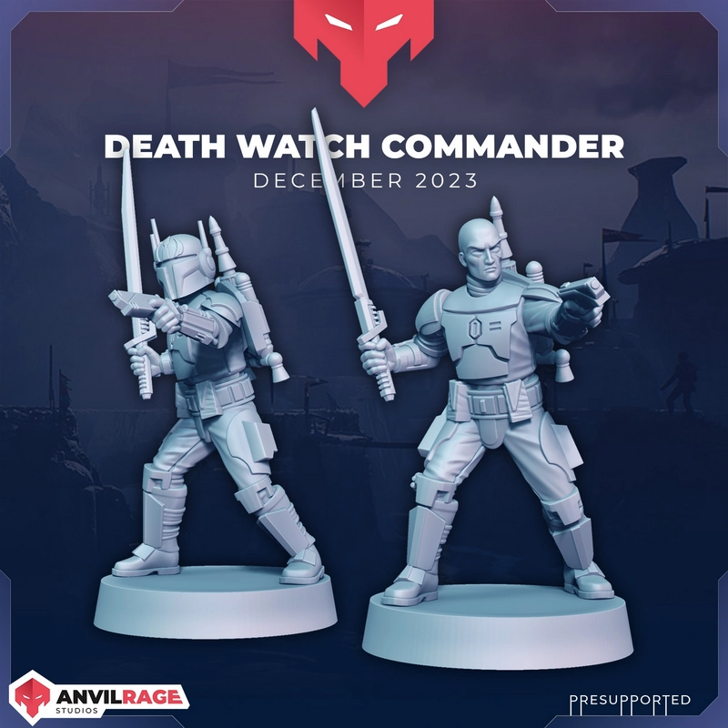 Pre Vizsla and a Death Watch commander in Mandalorian armor on display bases