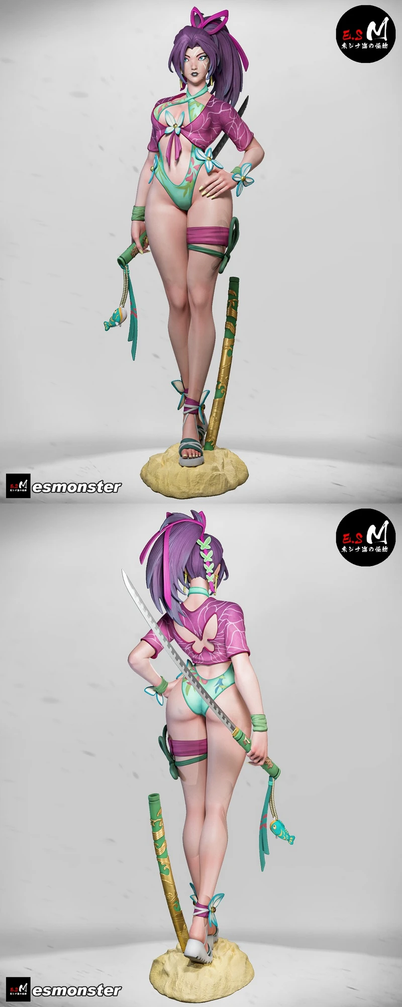 Psylocke Summer P2 Marvel statue with katana, floral costume, and display base