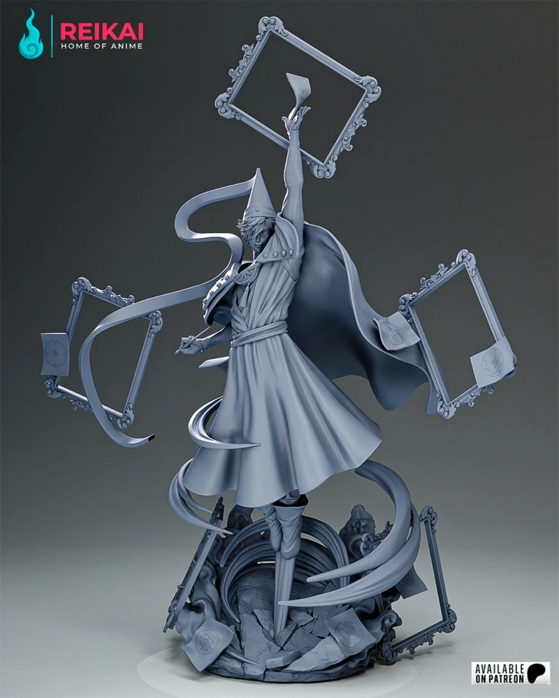 Qifrey statue from Witch Hat Atelier with a pointed hat, ornate frames, and flowing ribbons
