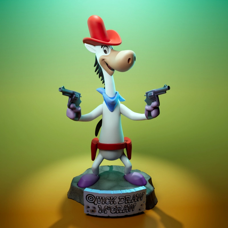 Quick Draw McGraw cartoon horse figurine with twin pistols on a display base