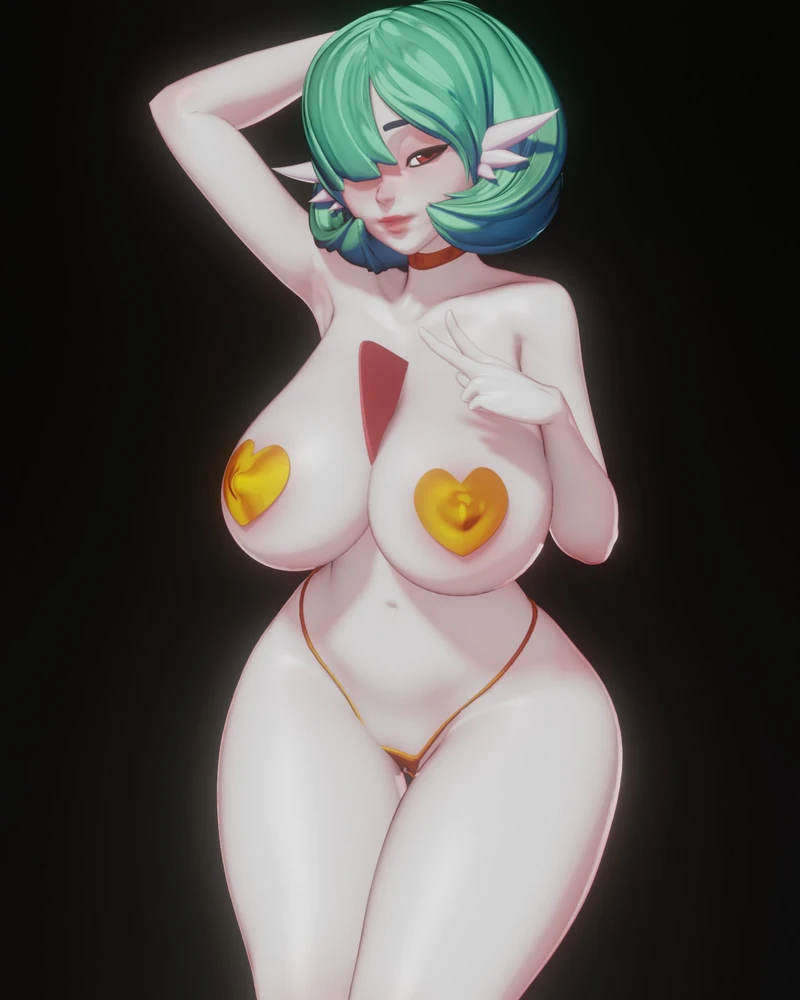 Stylized Gardevoir Pokémon character figure with green hair, pointed ears, and heart-shaped gold details