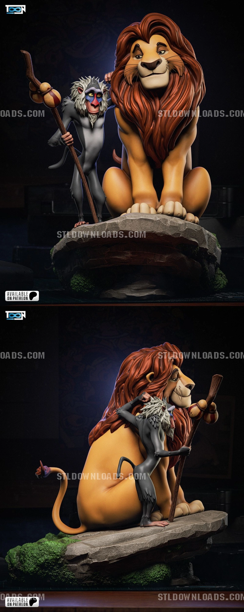 Rafiki and Mufasa statue from The Lion King on a rocky pedestal