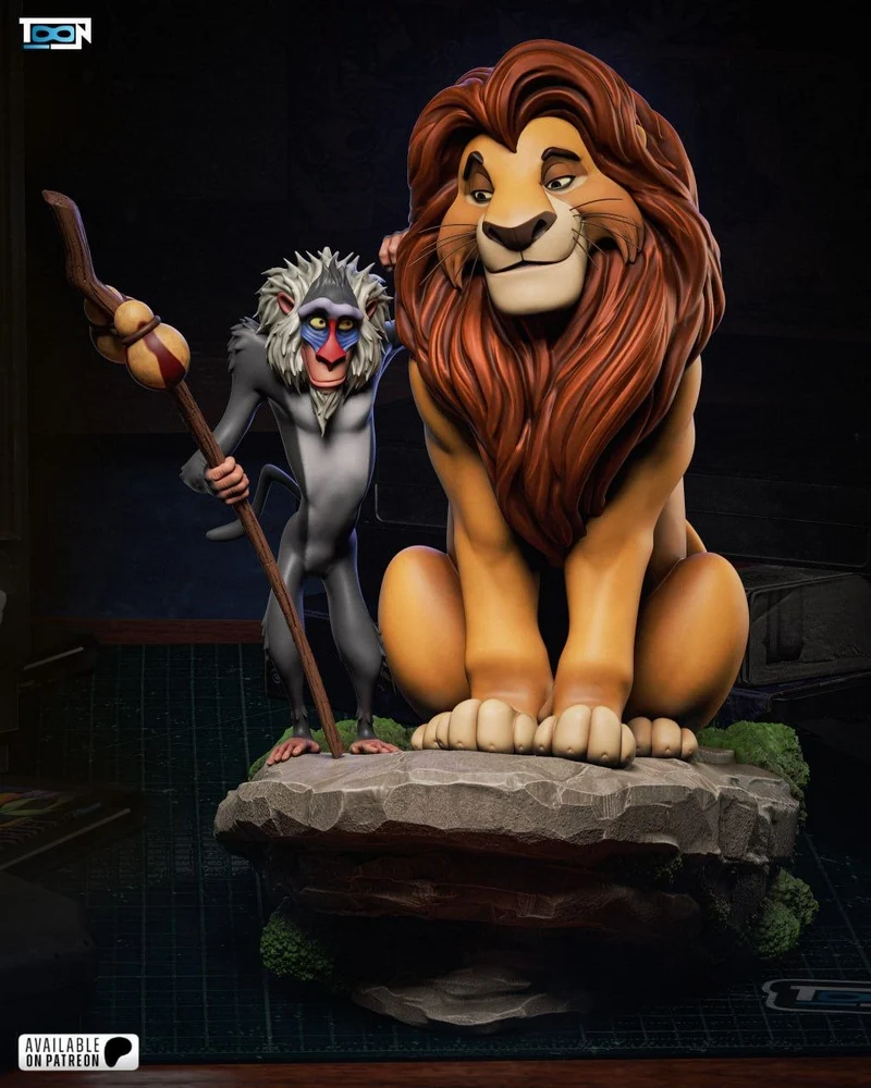 Rafiki and Mufasa posed together on a rocky display base