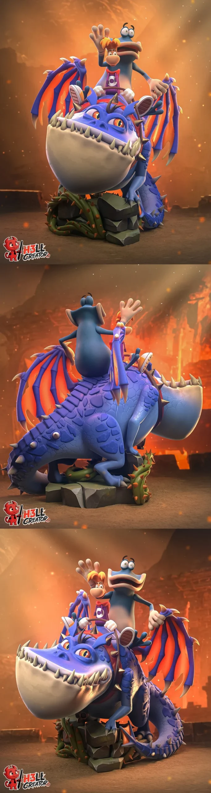 Rayman and Globox riding a horned blue dragon on a rocky base
