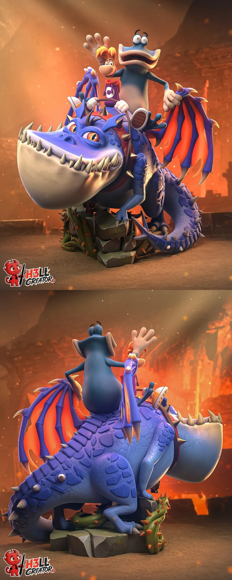 Rayman and Globox riding a blue spiked dragon with red-orange wings