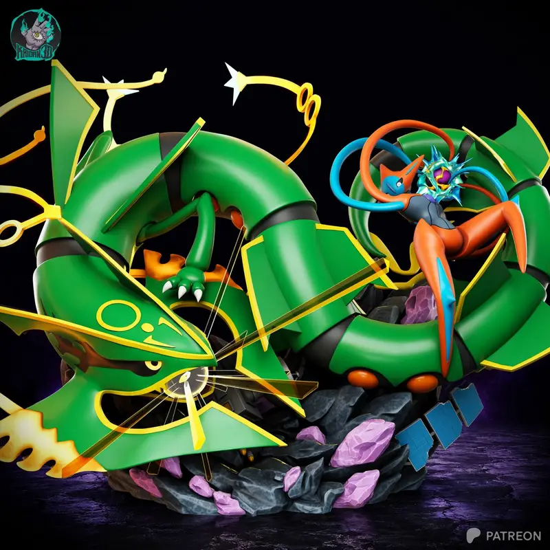 Rayquaza and Deoxys Pokémon STL diorama on a rocky crystal base