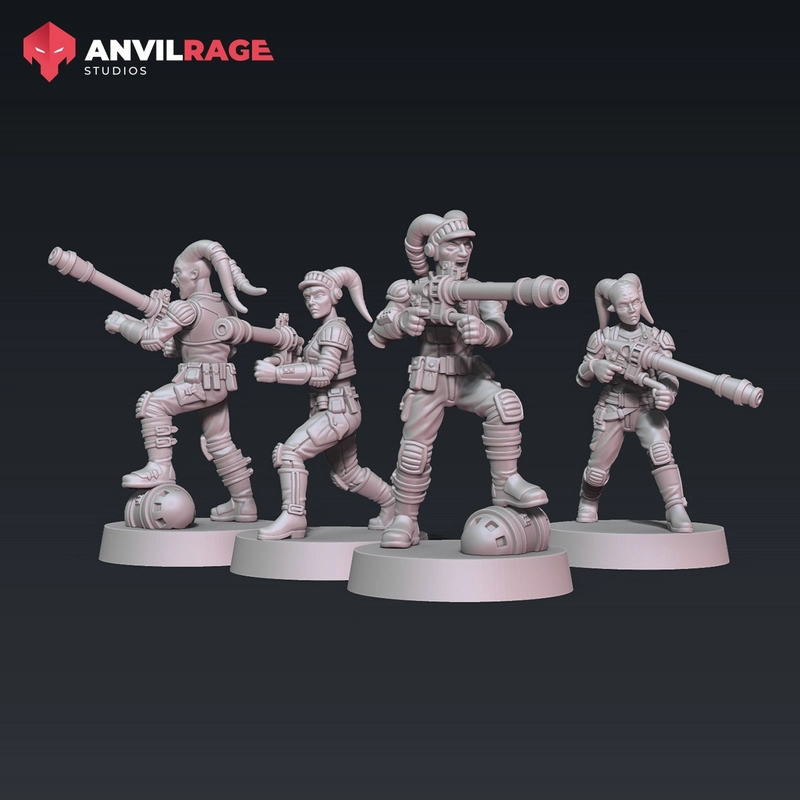 Four Star Wars Twi'lek rebel trooper miniatures with rifles on round bases