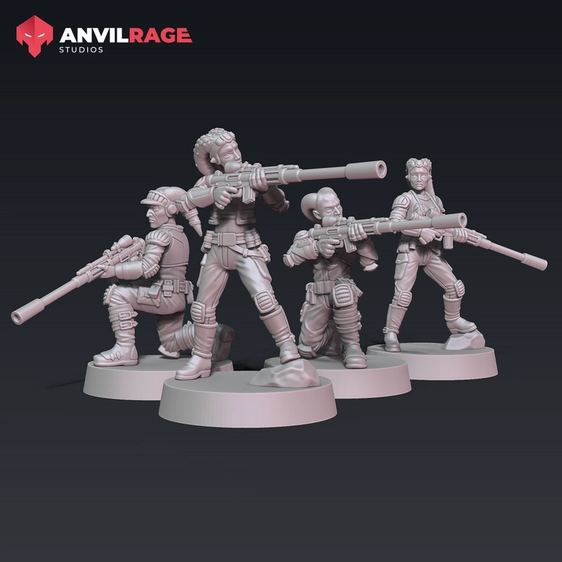 Four Star Wars Rebel Trooper Twi'lek sniper miniatures with rifles on round bases