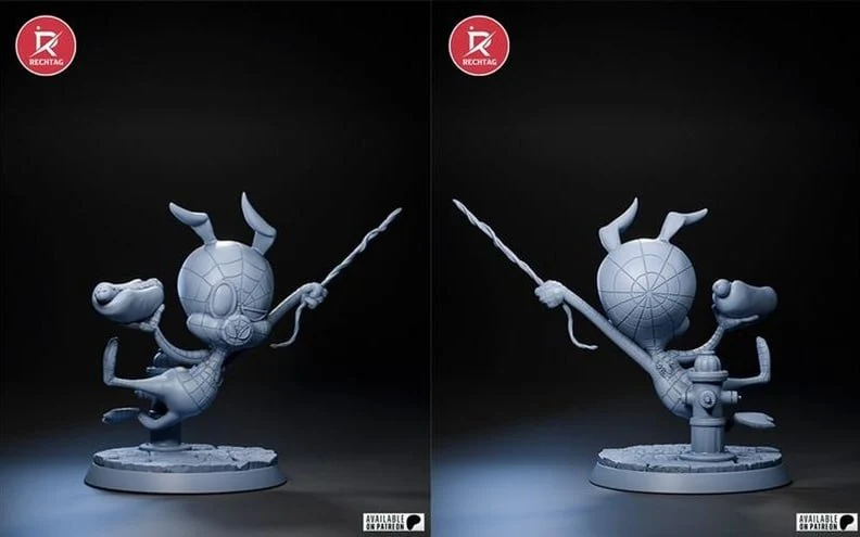 Spider-Ham Marvel 3D model with web-patterned head, raised strand, and round display base