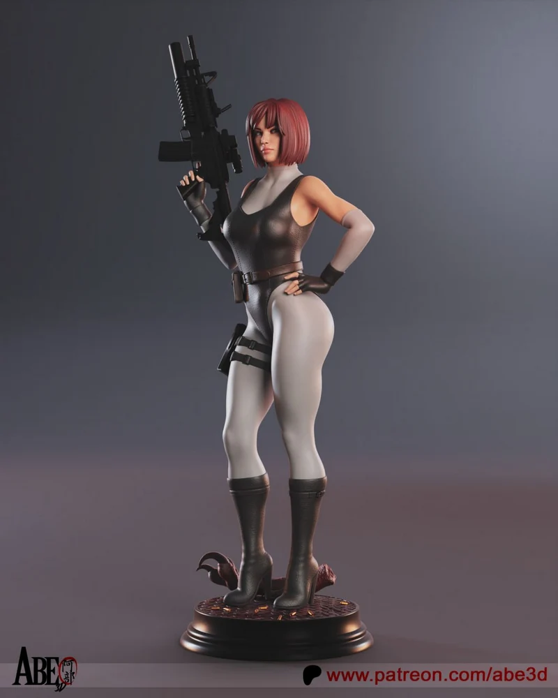 Regina character figurine with a rifle, tactical outfit, boots, and round display base