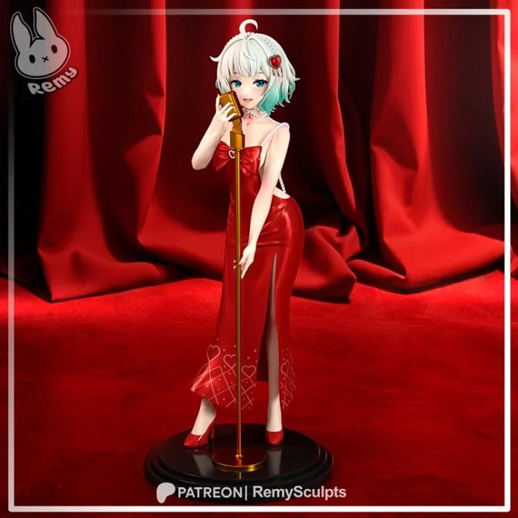 Mint Dress original character figure in a red gown with mint hair and microphone