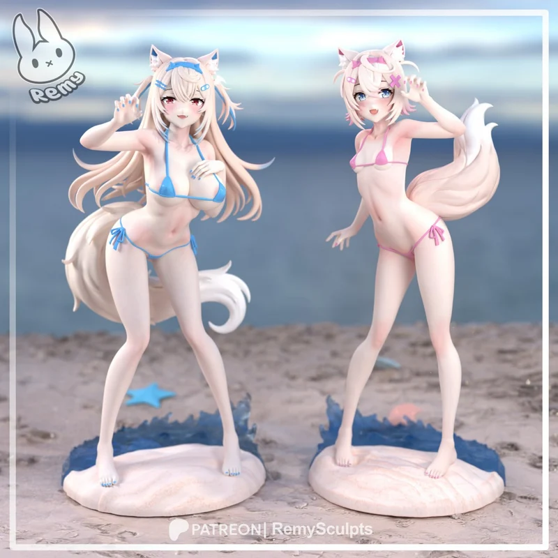 Fuwawa and Mococo Abyssgard anime-style figures in blue and pink bikinis