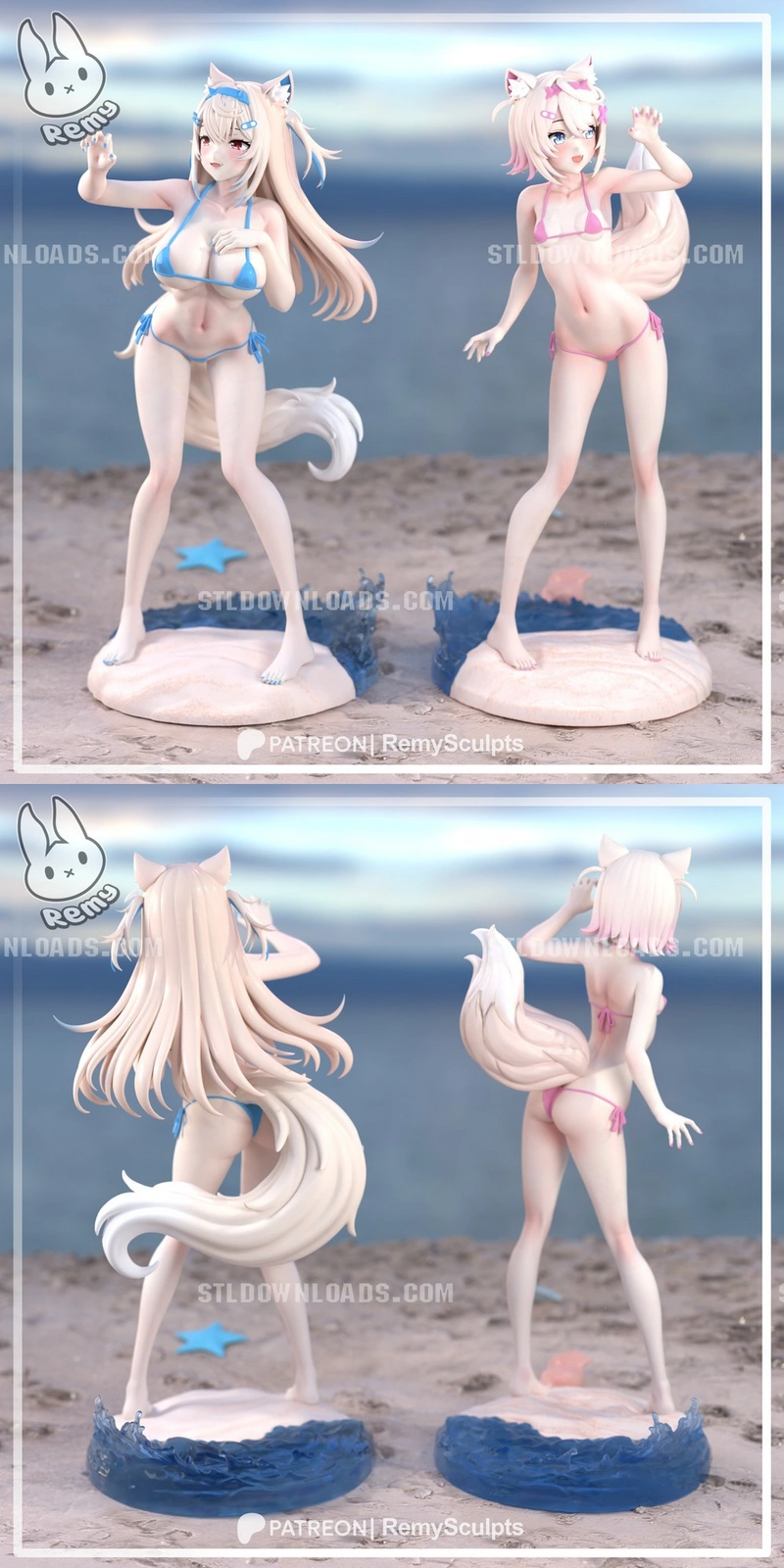 Fuwawa and Mococo Abyssgard 3D figures in swimwear on water-textured bases