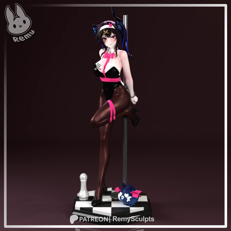 Nerissa original character 3D statue in a kneeling pose on a checkerboard base
