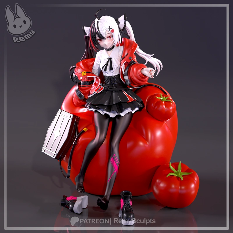 Lacrimosa character statue from Neverness to Everness with tomatoes and a red jacket