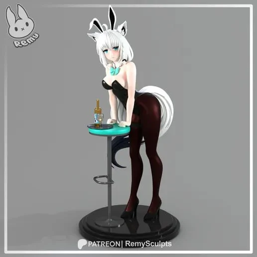 Shirakami Fubuki Hololive figure with fox ears, tails, and turquoise table